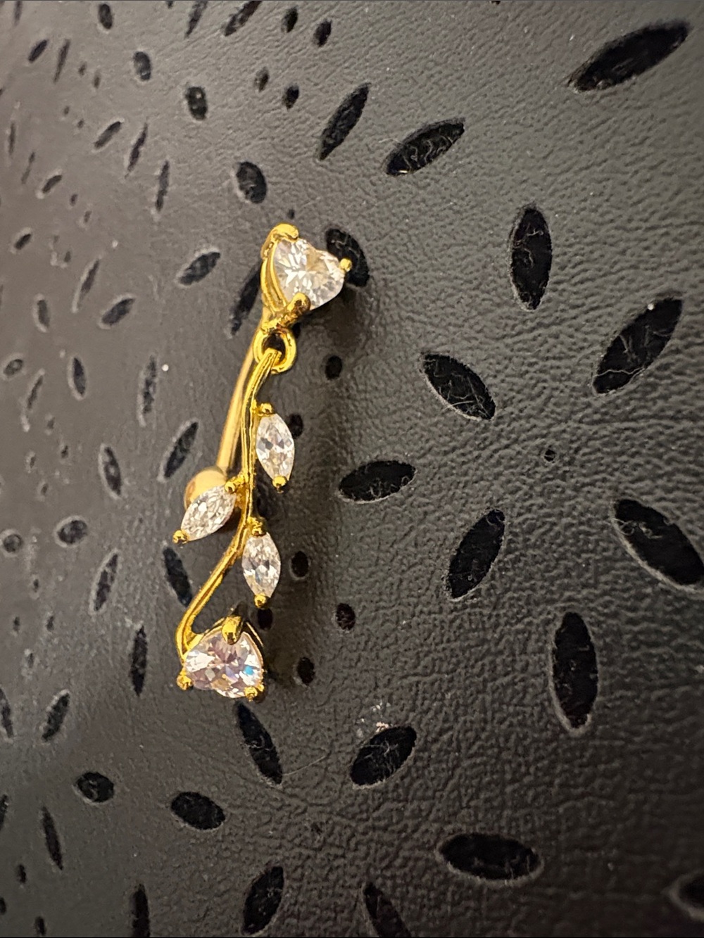 Gold Leaf Drop Belly Button Ring with Clear Crystals - Women Jewelry